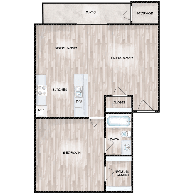 Floor plan for 1 bed, 1 bath, 635 sqft